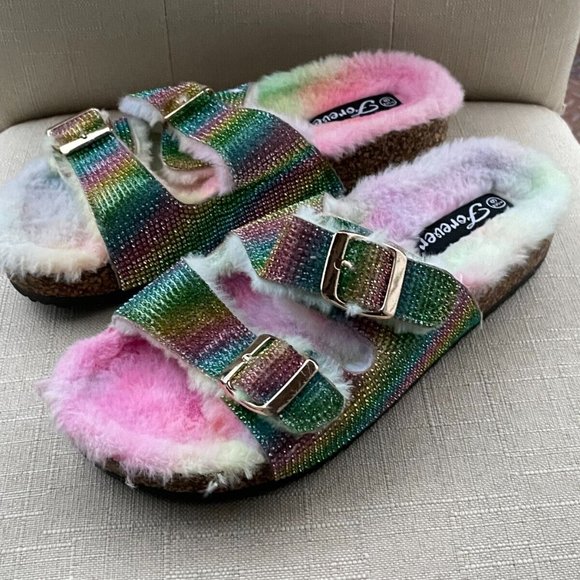 Forever 21 Shoes - Forever21 Women Sandal Shoes Multi Color Bling Faux Fur Shoes Size 6.5